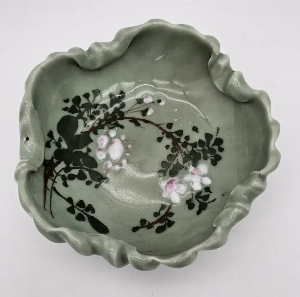 Antique Japanese Meiji Celadon Porcelain Brush Washer Cherry Blossoms